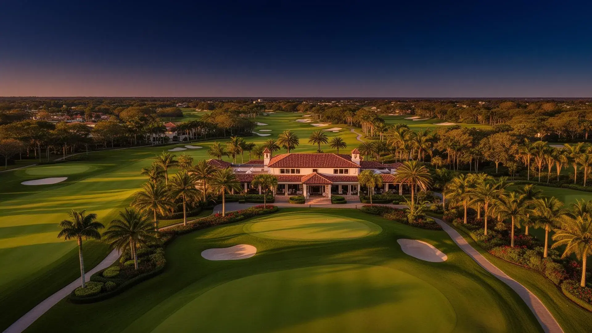 Private club clubhouse at dusk — the setting for board-level decisions about club financial leadership.